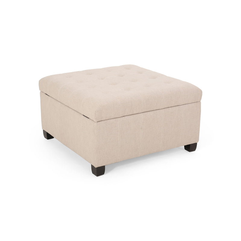 Noble House Isabella contemporary storage ottoman with cushioned top and wooden legs, ideal for living room seating and hidden storage.