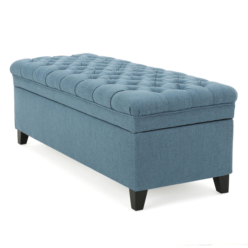 Noble House Juliana storage ottoman with birch wood legs, upholstered in neutral fabric, showing a spacious top and elegant design.