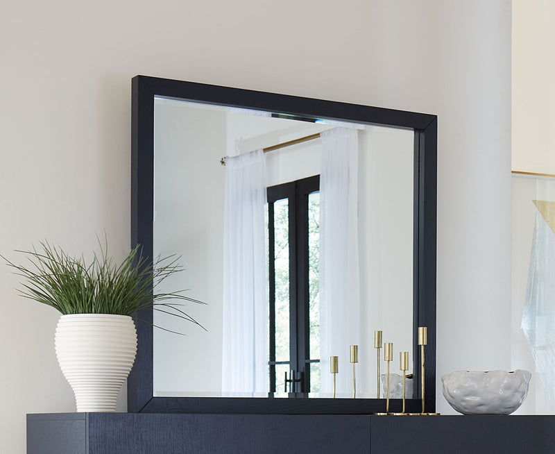 Modus Argento beveled glass mirror in navy blue, wall or dresser mount, with sleek, modern design and reflective surface.