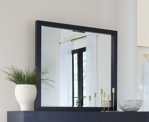 Modus Argento beveled glass mirror in navy blue, wall or dresser mount, with sleek, modern design and reflective surface.