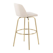 Lumi Source Toriano contemporary fixed height barstools set with swivel seats and round footrests, shown in a modern kitchen setting.