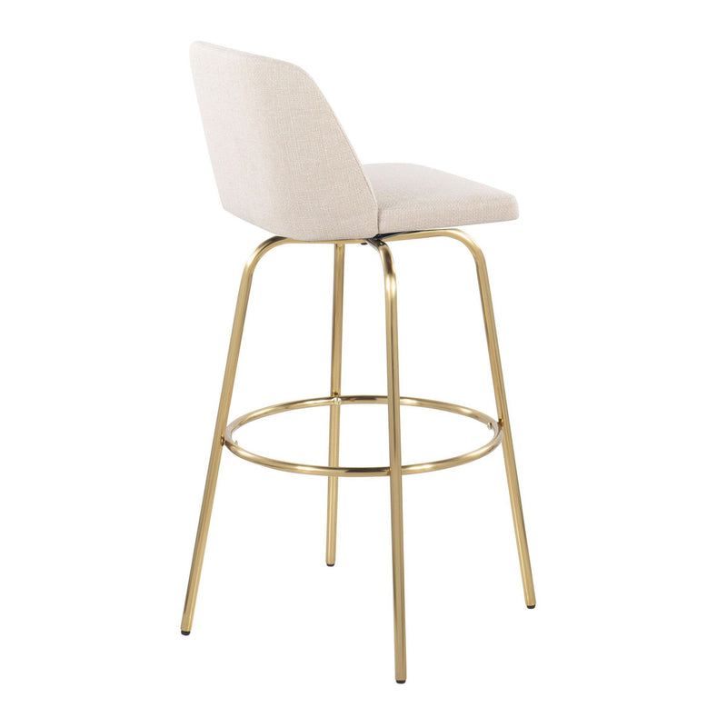Lumi Source Toriano contemporary fixed height barstools set with swivel seats and round footrests, shown in a modern kitchen setting.