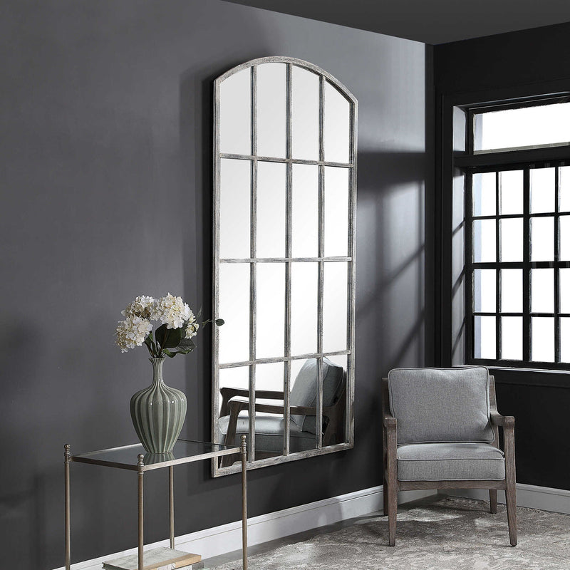 Uttermost Amiel arched wall mirror in ivory with a sleek, elegant frame, ideal for stylish home decor.