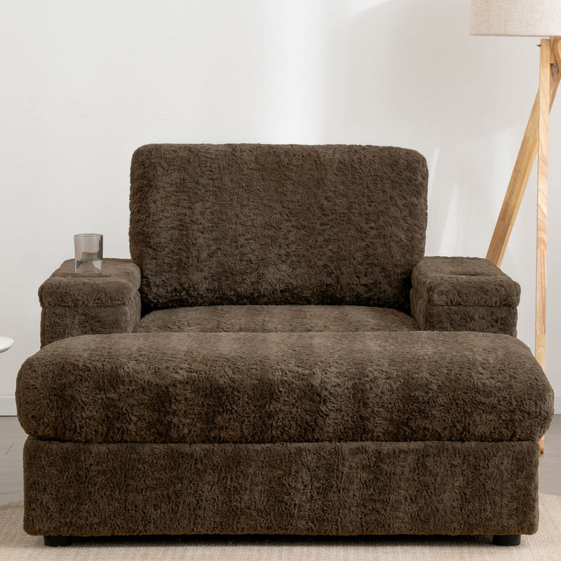Oversized Chaise Lounge Indoor Rabbit Fur Sofa Bed With Storage Ottoman And Armrests Cup Holders With Deep Seat - R&R Furniture Gallery (Fountain Valley, CA)