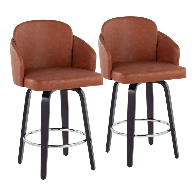 Set of two Lumi Source Dahlia contemporary counter stools with round footrests, featuring sleek modern design and upholstered seats.