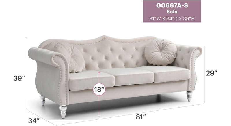 Glory Furniture Hollywood stationary sofa with plush cushions and modern design, beige fabric upholstery in a cozy living room setting.