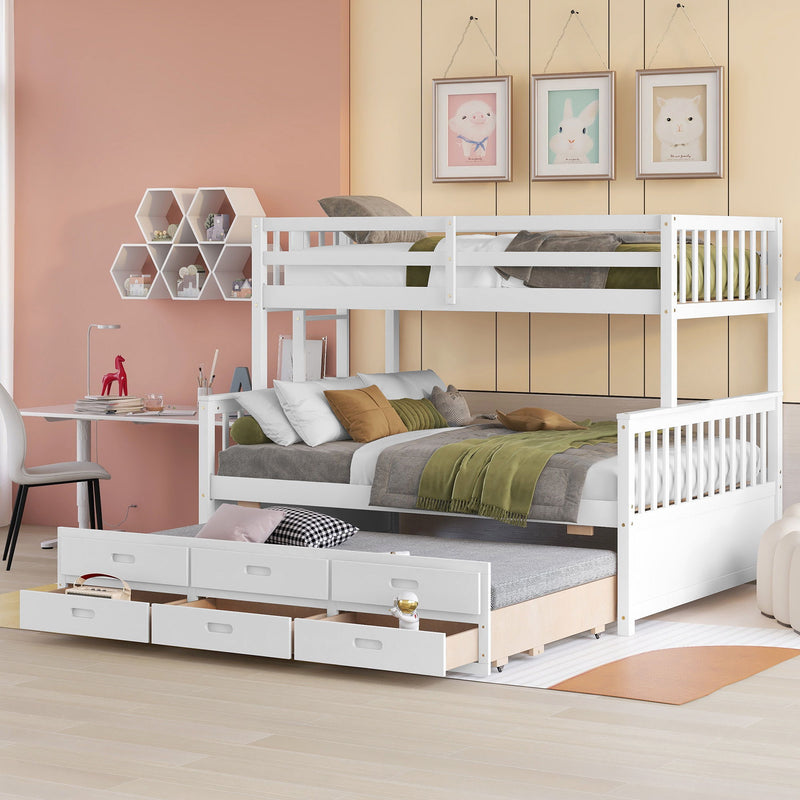 DreamHaus bunk bed with twin size trundle and built-in drawers, featuring a sturdy wooden frame and space-saving design.