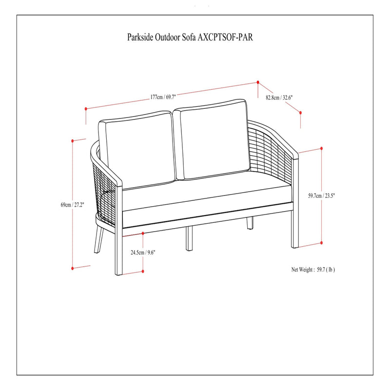 Simpli-Home Parkside outdoor sofa in natural finish with cushioned seating and wooden frame for patio relaxation.