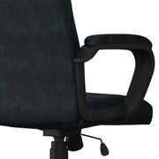 Simpli-Home swivel office chair with distressed blue upholstery, adjustable height, and a modern ergonomic design.
