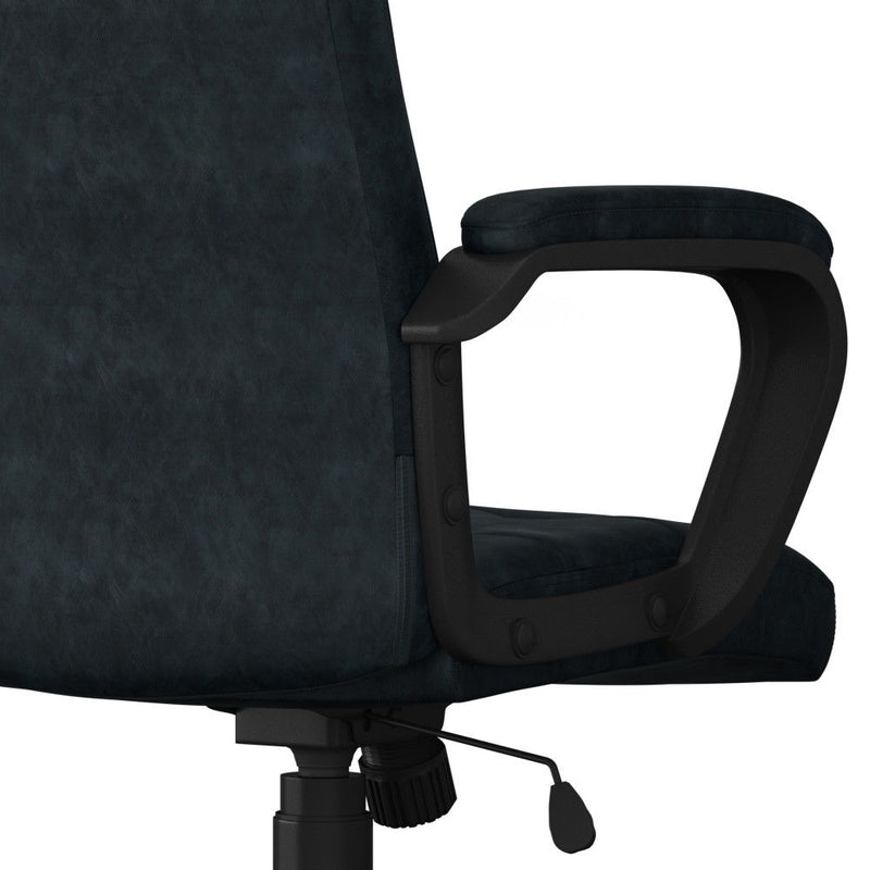 Simpli-Home swivel office chair with distressed blue upholstery, adjustable height, and a modern ergonomic design.