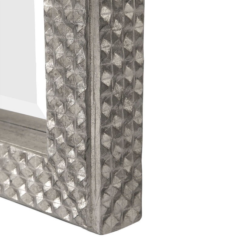 Silver metallic floor mirror by Uttermost, Cacelia design with a sleek, reflective mirror surface and modern frame.