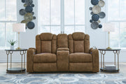 Wolfridge - 2 Pc. - Power Reclining Sofa, Power Reclining Loveseat With Console - Brindle - R&R Furniture Gallery (Fountain Valley, CA)