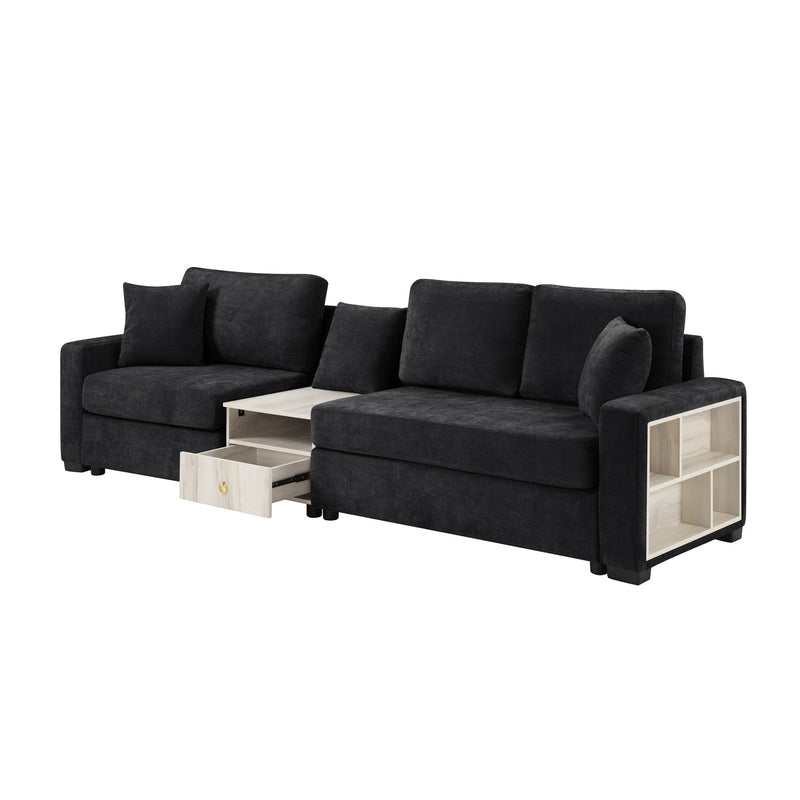 Noble House modular sofa couch with storage armrest and center console, stationary design, beige fabric, plush cushions