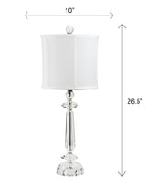 Set of two Lumi Source Karat contemporary crystal table lamps with clear crystal bases, chrome accents, and white softback shades.