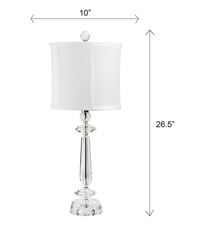 Set of two Lumi Source Karat contemporary crystal table lamps with clear crystal bases, chrome accents, and white softback shades.