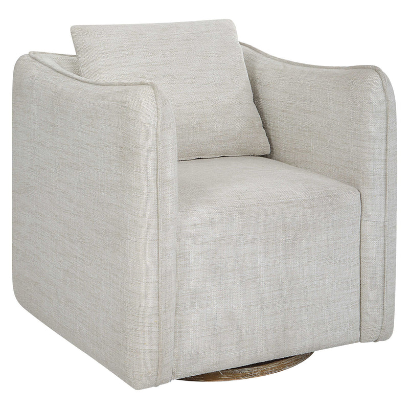 Uttermost Corben silver swivel armchair with plush upholstery and modern design, featuring a rounded back and swivel base.