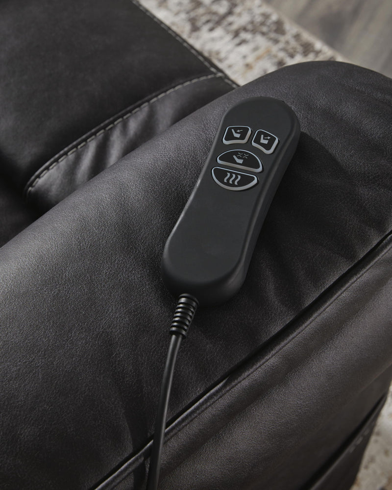 Signature Design by Ashley Oatman Power Lift Recliner in brown fabric with padded armrests and reclining mechanism.