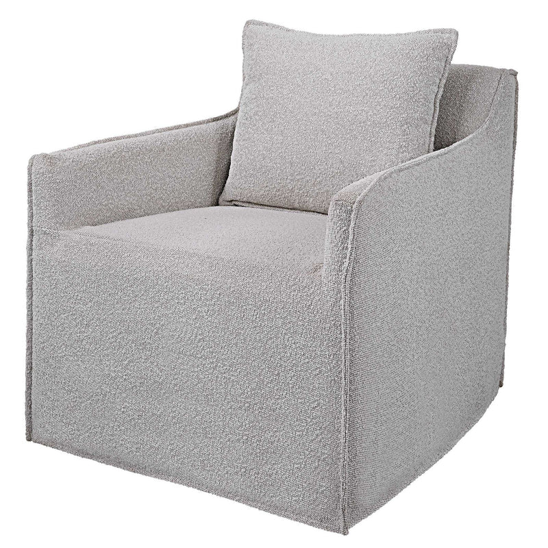 Gray Welland swivel chair by Uttermost featuring a modern design with a cushioned seat and backrest on a rotating base.