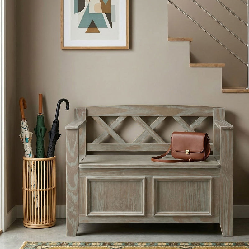Small Amherst transitional entryway storage bench by Simpli-Home, featuring a wooden seat and open lower shelf for organization.