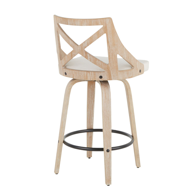 Set of two Lumi Source Charlotte farmhouse counter stools with white wash finish, swivel seats, and fixed height design.