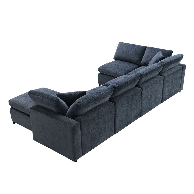 Luxe & Co. modern modular cloud sofa bed with six seats, U-shaped sectional couch and ottoman in a stylish living room setting.
