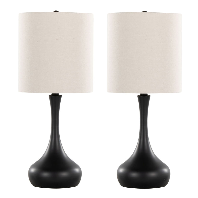 Lumi Source Genie contemporary table lamp set with matte black bases and oatmeal fabric shades, modern decor lighting.