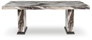 Jesgina dining table by Signature Design by Ashley in dark brown with beige tabletop, showcasing a modern wood dining table design