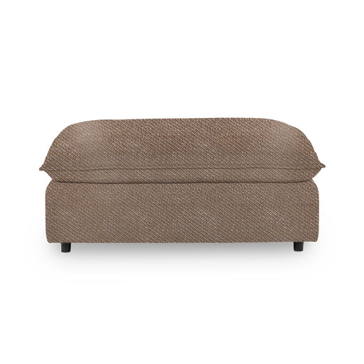 Classic Home Caplan upholstered ottoman with plush fabric and wooden legs, ideal as a stylish living room accent piece.