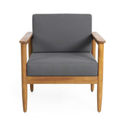 Dark gray outdoor club arm chair with teak acacia wood frame, ideal for patio or garden seating by Noble House.