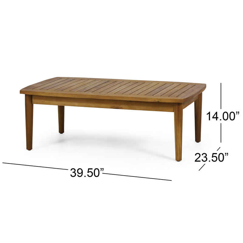 Outdoor acacia wood loveseat and coffee table set by Noble House, featuring two-piece outdoor furniture with natural wood finish.