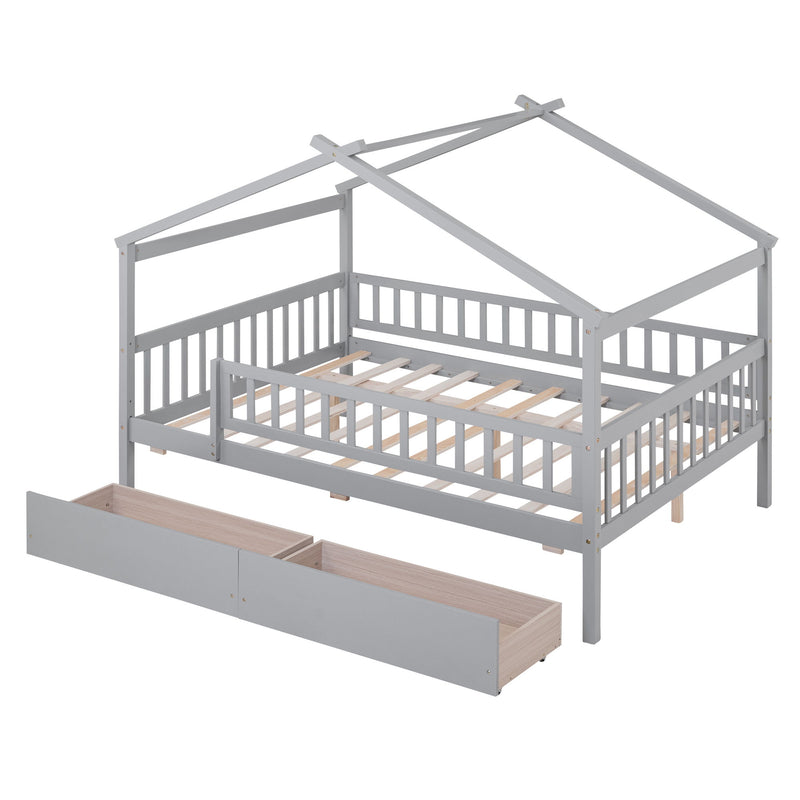 DreamHaus house storage bed with two built-in drawers, featuring a cozy house-shaped frame and ample under-bed storage space.