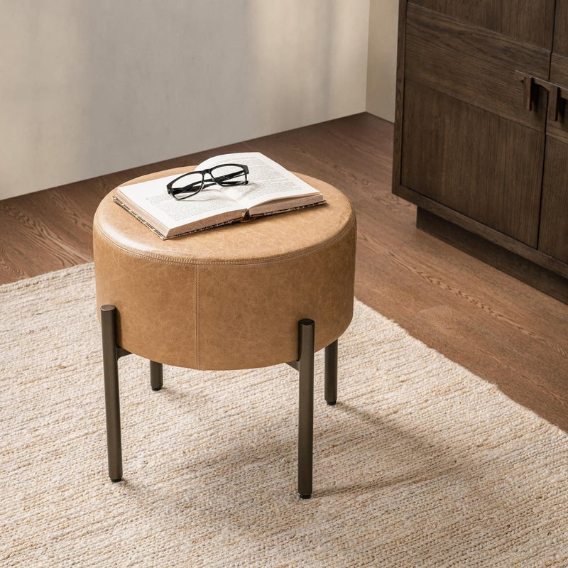 Classic Home Aimie accent stool with wooden legs and cushioned seat for stylish home decor.