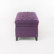 Noble House Juliana storage ottoman with birch wood legs, beige fabric, and a cushioned top for versatile seating and storage.