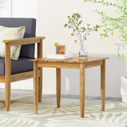 Outdoor square side table with slatted teak top and wood frame, ideal for patio or garden seating areas.