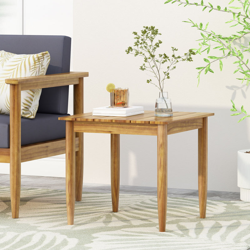 Outdoor square side table with slatted teak top and wood frame, ideal for patio or garden seating areas.