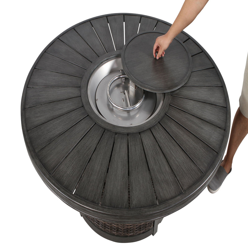 Gray propane outdoor fire pit table by LSI Patio Furniture featuring a modern design and a built-in fire feature.