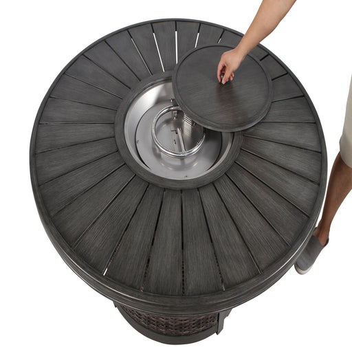 Gray propane outdoor fire pit table by LSI Patio Furniture featuring a modern design and a built-in fire feature.