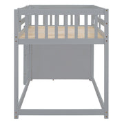 DreamHaus bunk bed with built-in four drawers and three shelves, showcasing a modern wooden design for kids' bedroom.