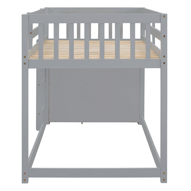 DreamHaus bunk bed with built-in four drawers and three shelves, showcasing a modern wooden design for kids' bedroom.