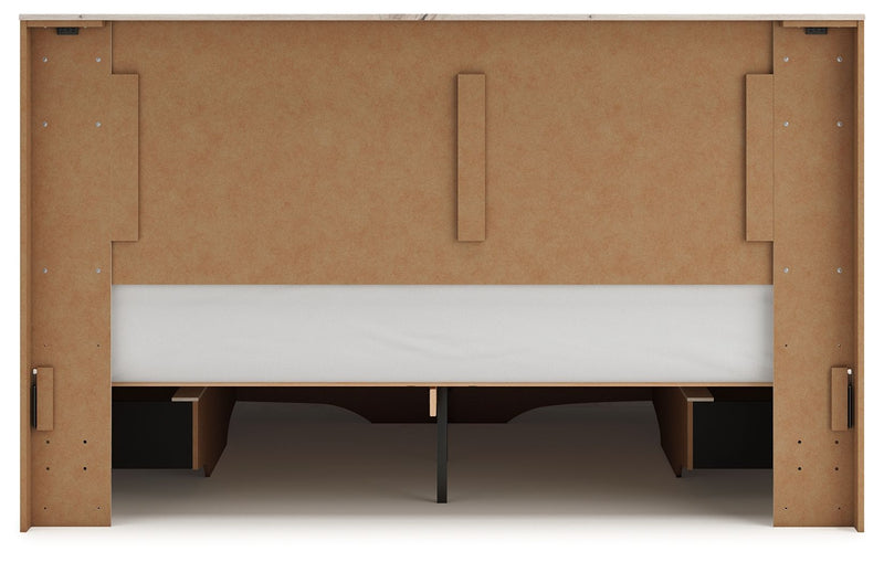 Signature Design by Ashley Lawroy panel bed with built-in storage drawers, showcasing a modern storage bed with a sleek finish.