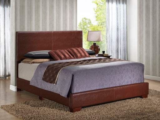 Upholstered platform bed by Glory Furniture with a modern, relaxed design, featuring a padded headboard and neutral fabric upholstery.
