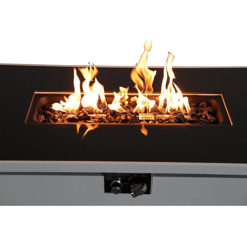 Outdoor white 43-inch rectangular fire pit table with adjustable flame control, designed for patio use by LSI Patio Furniture.