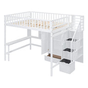 DreamHaus loft bed with built-in bookshelf, drawers, desk, and wardrobe offering space-saving multi-functional bedroom furniture