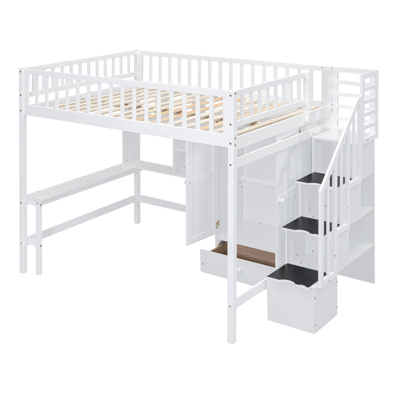 DreamHaus loft bed with built-in bookshelf, drawers, desk, and wardrobe offering space-saving multi-functional bedroom furniture