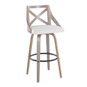 Set of two Lumi Source Charlotte farmhouse fixed height barstools with swivel, round footrest in light gray and cream upholstery.