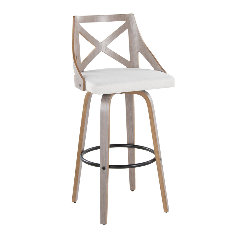 Set of two Lumi Source Charlotte farmhouse fixed height barstools with swivel, round footrest in light gray and cream upholstery.