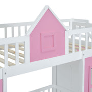 DreamHaus twin over twin bunk bed with changeable table, featuring upper bed, down desk, and versatile design for kids' room.
