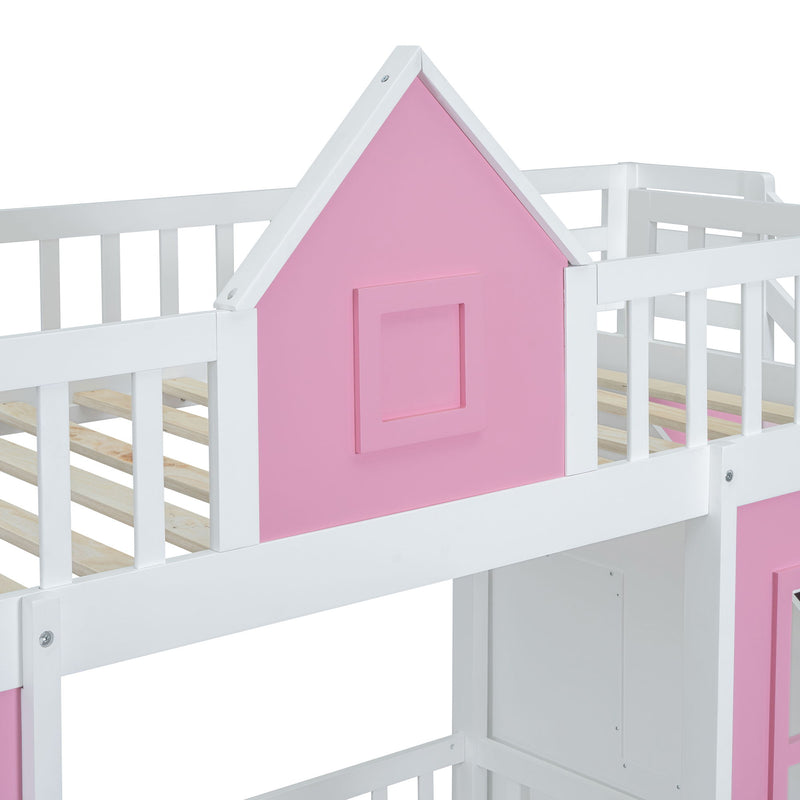 DreamHaus twin over twin bunk bed with changeable table, featuring upper bed, down desk, and versatile design for kids' room.