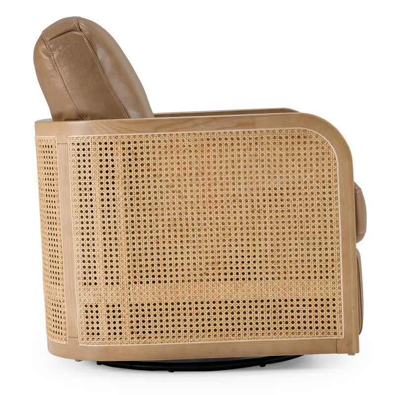 Danson - Modern Tan Leather + Wicker Swivel Accent Chair — view 5