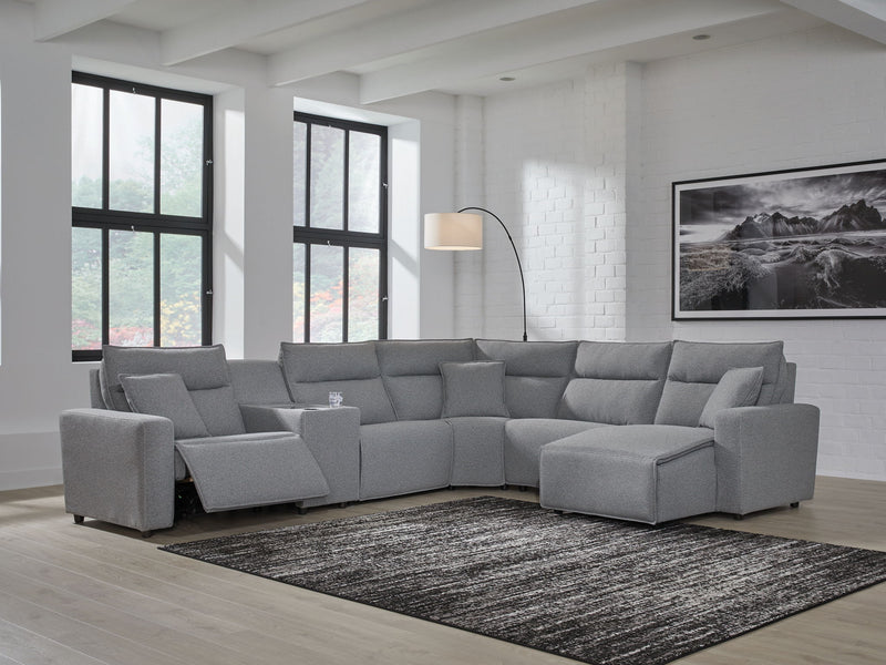 Signature Design by Ashley Modmax II reclining sectional in salt and pepper fabric, featuring plush cushions and reclining seats.
